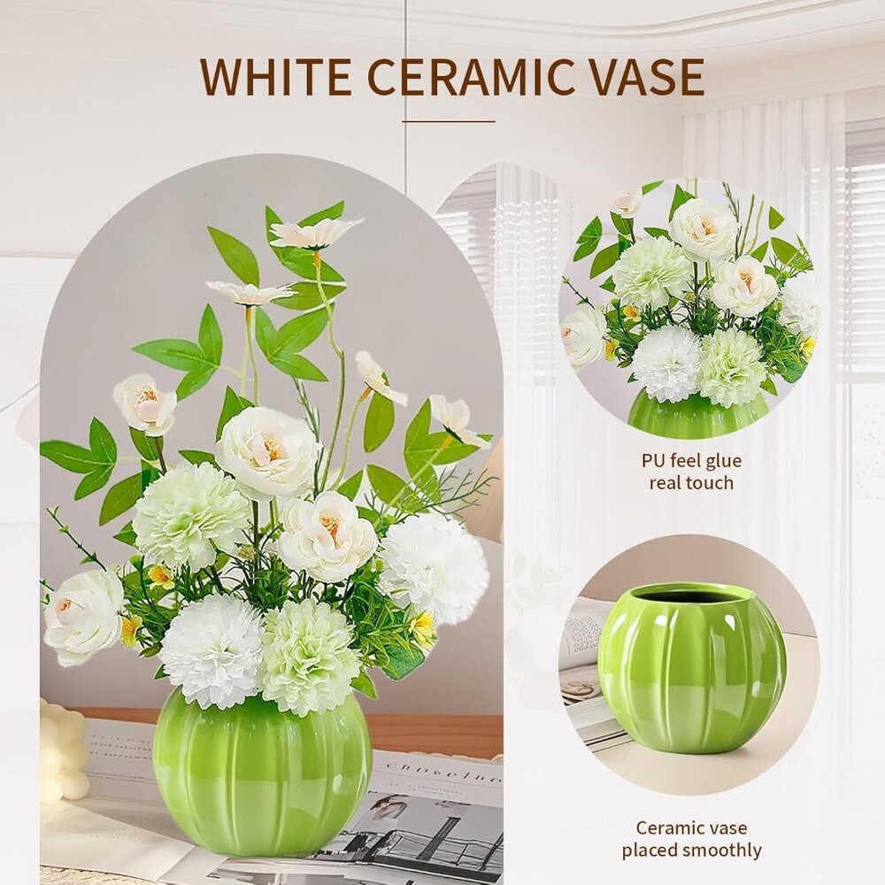 Green Artificial Flowers Silk Faux Ceramic Vase Restaurants Home Decoration